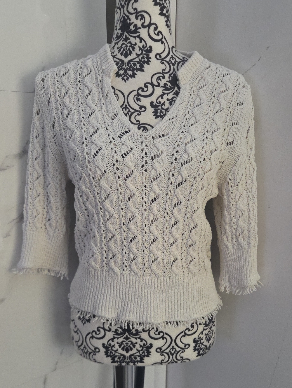 Zara Cream Open-Knit V-Neck Sweater